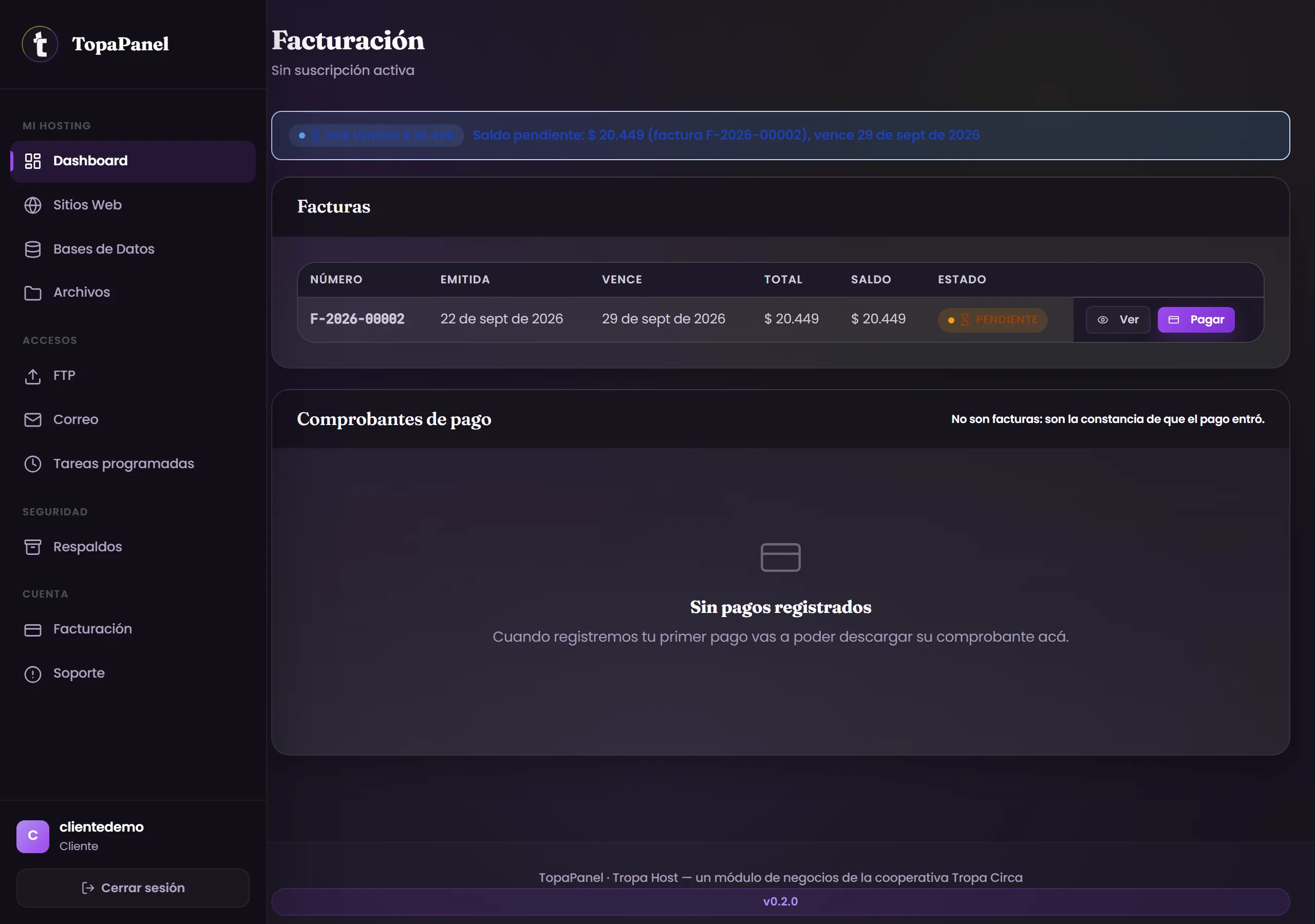 Facturación del panel: facturas, saldo y botón para pagar con tarjeta